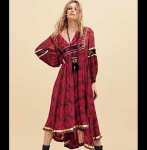 Free People Bold Blooms Embroidered Red Midi Dress
